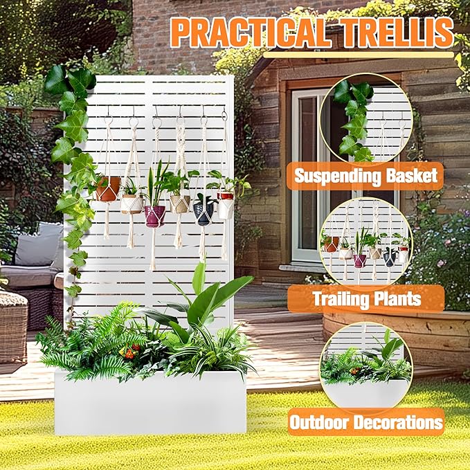 Metal Planter Box with Trellis, Raised Garder Bed with Drainage Hole, Privacy Screen & Trellis for Climbing Plants, Outdoor Plant Stands, 35''L×16''W×71''H, White