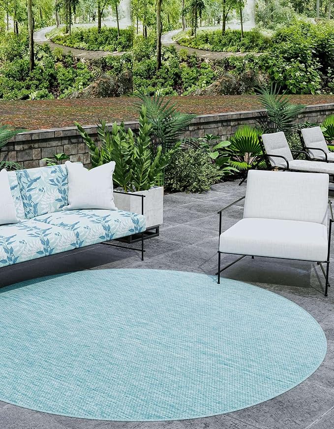 Unique Loom Collection Casual Transitional Solid Heathered Indoor/Outdoor Flatweave Area Rug (10' 8" Round, Aquamarine/Ivory)