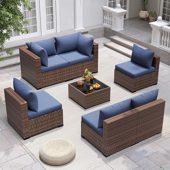 UDPATIO Patio Furniture Set, 7 Piece Outdoor Sectional Sofas with Wicker Coffee Table, Outdoor Patio Conversation Set for Garden, Backyard Navy Blue