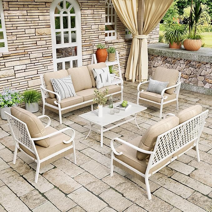 5 Piece Patio Furniture Set, 2 x Fixed Chair, 1 x 2-Seat Sofa, 1 x 3-Seat Sofa with Marbling Coffee Table, All Cushioned 7 Seats Outdoor Conversation Set for Lawn Garden Backyard, Beige