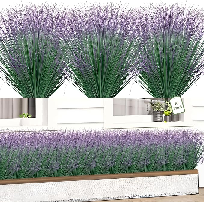 10 Bundles Fake Grass Plants Artificial Plants Outdoor Faux Plants Tall Shrubs Wheat Grass Greenery Stems UV Resistant Onion Grss for Outside Planters Indoor Room Vase Home Decor（Green Purple Tail）