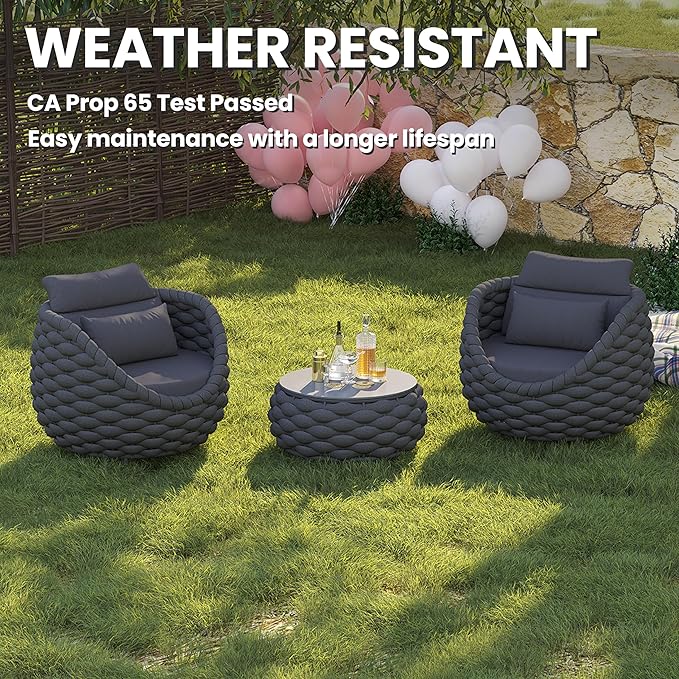 2 Pcs Patio Rope Accent Chair: Aluminum Single Lounge Armchair - Large Woven Chair Cushioned - Modern Arm Chair Assembled for 400lbs Outdoor Lanai Deck Balcony Porch Yard Garden Hotel, Dark Gray