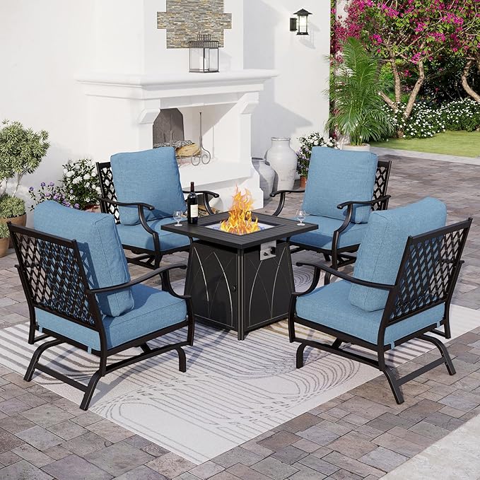 5 Piece Metal Outdoor Patio Furniture Set with Fire Pit Table, Patio Conversation Sets 4 Rocking Chairs with 5.75" Thick Cushion and 5000 BTU Fire Pit Table, Backyard Furniture, Navy