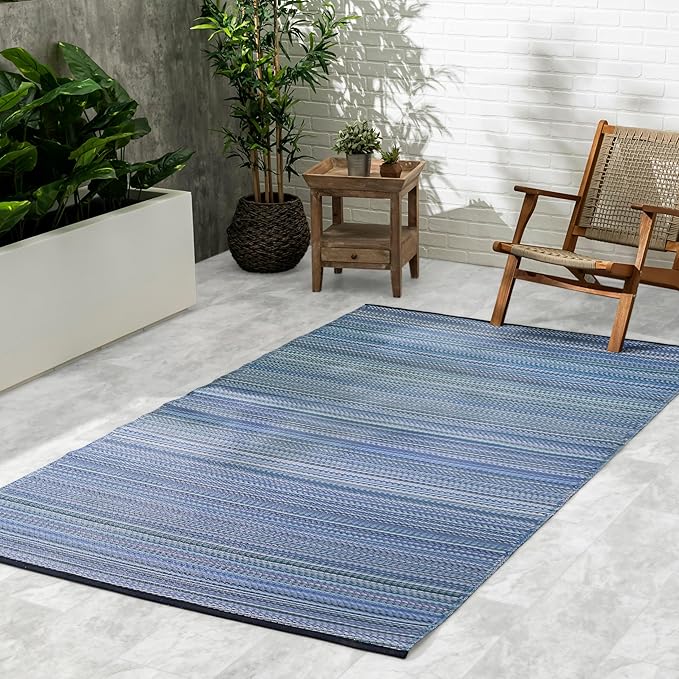Fab Habitat Outdoor Rug - Waterproof, Fade Resistant, Crease-Free - Premium Recycled Plastic - Striped - Patio, Porch, Deck, Balcony - Cancun - Indigo - 5 x 8 ft
