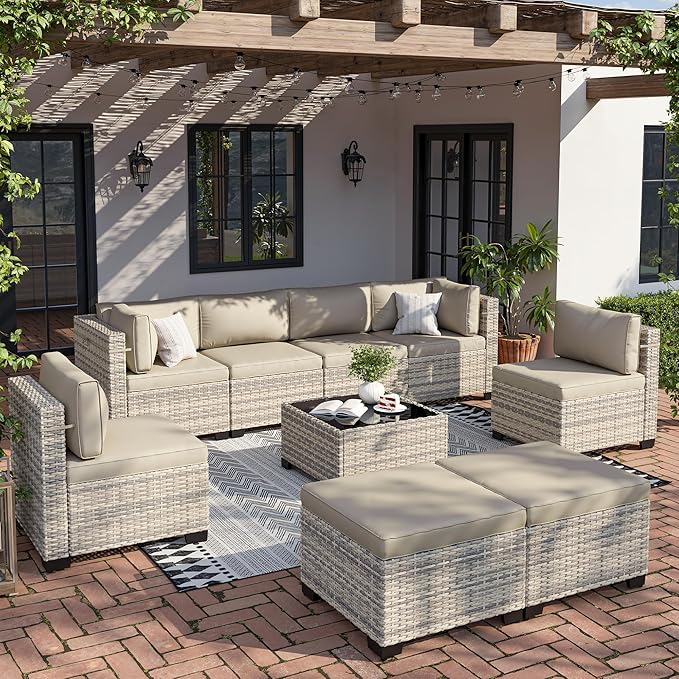 9-Piece Patio Furniture Set, Outdoor with Ottomans, Modular Patio Sofa, Dual-Strand Wicker Rattan, Rust-Resistant Frame, Backyard Furniture for Garden, Deck, Sand