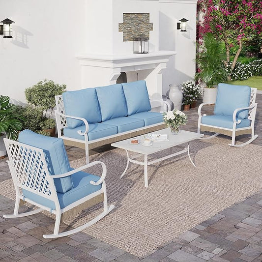 4 PCS Metal Outdoor Patio Furniture Set, Patio Conversation Sets 1 3-seater Sofa, 2 Rocking Chairs with 5.75" Extra Thick Cushion and Coffee Table, White Frame Backyard Furniture, Blue