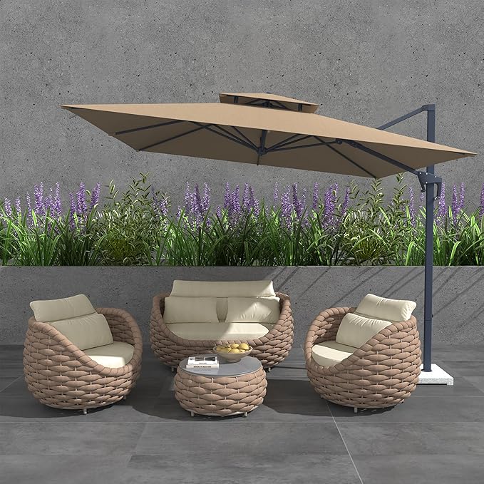 TWT Patio Furniture Sofa Set 4 Pieces Aluminum Outdoor Furniture w/25.6in Coffee Table,Patio Conversation Set with Hand Woven Textilene Rope for Backyard Garden Poolside (Khaki)