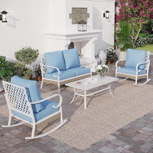 4 Piece Metal Outdoor Patio Furniture Sets, Patio Conversation Sets 1 2-seater Sofa, 2 Single Sofa with 5.75" Extra Thick Cushion and Coffee Table, White Frame Backyard Furniture, Blue