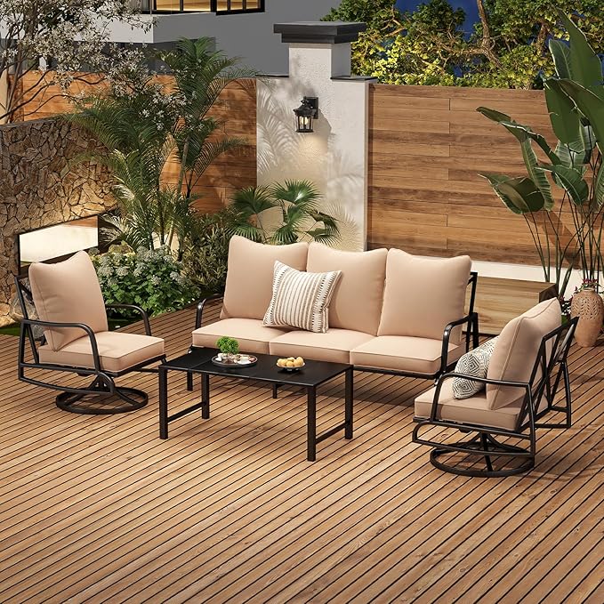 Soohow Patio Furniture Set, 4 Piece Outdoor Patio Furniture Set, 2 x Outdoor Swivel Chair, 1 x 3-Seats Sofa and 1 x Coffee Table, Metal Conversation Set for Porch, Balcony, and Backyard