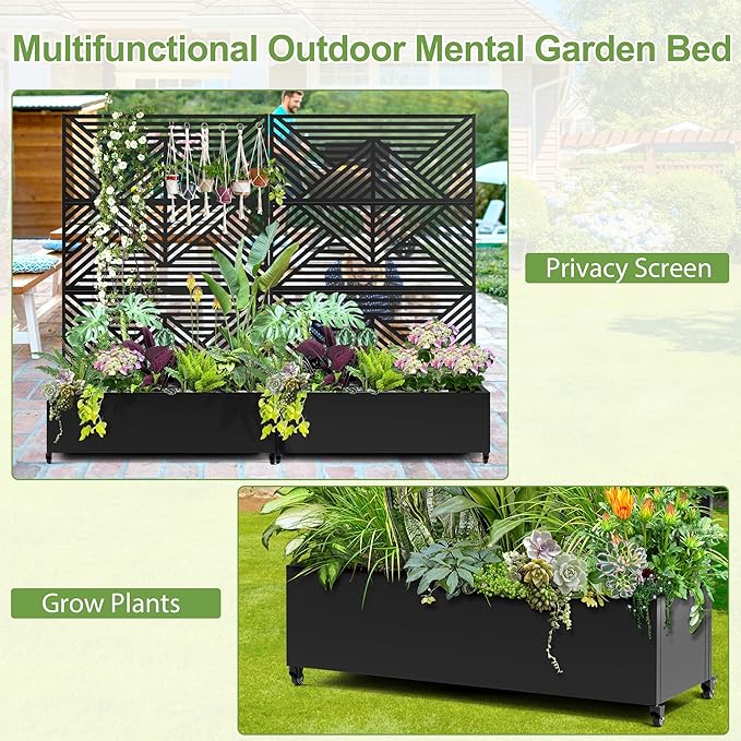 Raised Garden Bed with Trellis and Wheels,73"x47"x16" Metal Raised Garden Bed,Black Diamond Metal Planter with Climbing Trellis for Vines & Vegetables