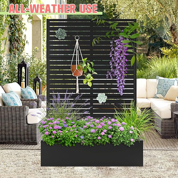 Metal Planter Box with Trellis, Raised Garder Bed with Drainage Hole, Privacy Screen & Trellis for Climbing Plants, Plant Stands, 47''L×17''W×71''H, Black