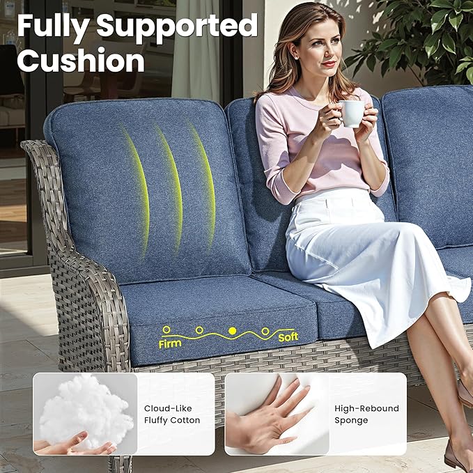 ovios 10 Pieces Patio Furniture Set, Outdoor Wicker Sofa Couch with Swivel Chairs 54" Fire Pit Table, All Weather High Back Modern Conversation Sets, Grey Rattan, Denim Blue