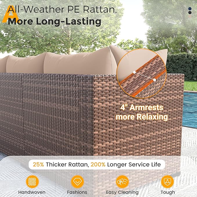 UDPATIO Outdoor Patio Furniture Set with Fire Pit Table, 8 Piece Outdoor Sectional Sofas, All-Weather Wicker Patio Conversation Set for Garden, Backyard Khaki