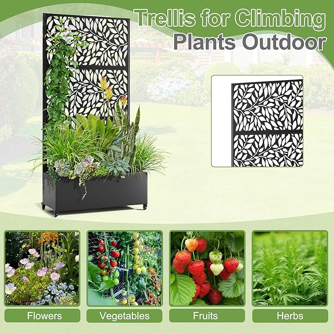 Raised Garden Bed with Trellis and Wheels,73"x35"x16" Metal Raised Garden Bed,Black Flowing Leaf-2 Metal Planter with Climbing Trellis for Vines & Vegetables