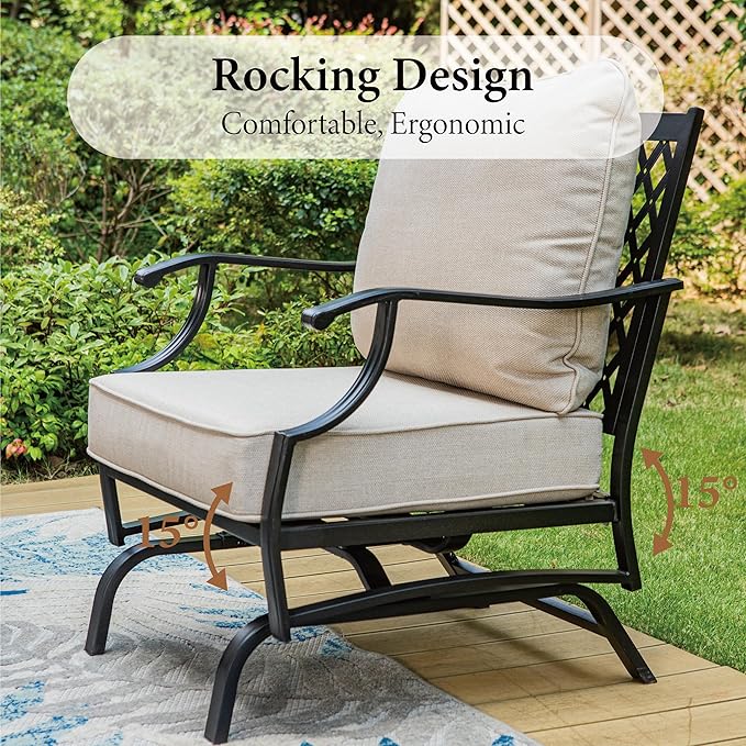 Patio Furniture Set 4 pcs, Outdoor Patio Furniture, 3-Seat Sofa, 2 Rocking Chairs, Metal Coffee Table and 5.75" Extra Thick Cushion, Patio Conversation Set for Garden Backyard Deck,Beige