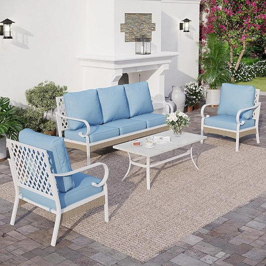 4 Piece Metal Outdoor Patio Furniture Sets, Patio Conversation Sets 1 3-seater Sofa, 2 Single Sofa with 5.75" Extra Thick Cushion and Coffee Table, White Frame Backyard Furniture, Blue