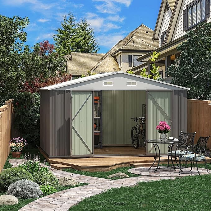 Greesum 10×8FT Outdoor Storage Shed, Metal Patio Storaged Sheds with Lockable Doors, Sheds & Outdoor Storage for Bike, Backyard, Pool and Garden, Gray