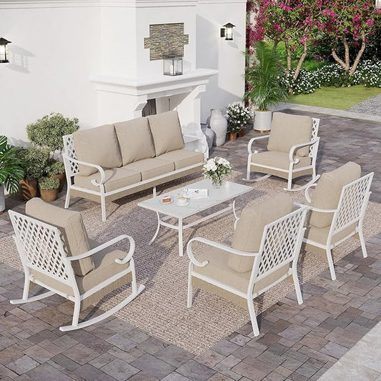 6 PCS Metal Outdoor Patio Furniture Set, Patio Conversation Set 1 3-Seater Couch, 2 Fixed Sofa, 2 Rocking Sofa with 5.75" Thick Cushion and Coffee Table White Backyard Furniture, Beige