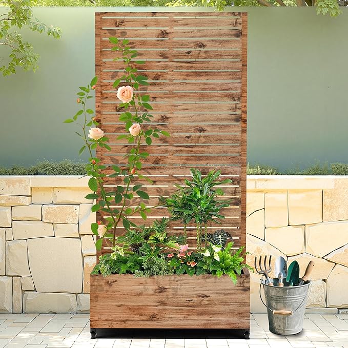 Raised Garden Bed with Trellis and Wheels,73"x35"x16" Metal Raised Garden Bed,Brown Wood Finish Metal Planter with Climbing Trellis for Vines & Vegetables