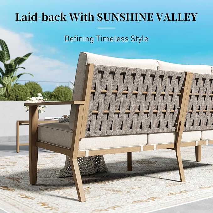 Patio Conversation Set,5 Pcs Metal Outdoor Furniture with 3-Seater Sofa,2 Swivel Chairs,Metal Nested Table and 5.75" Extra Thick Cushion for Lawn Garden Backyard,Beige