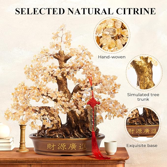 Natural Citrine Gemstone Crystal Bonsai Tree of Life （1,300 Gemstone Count） Large Feng Shui Money Chakra Tree for Luck and Wealth Desk Decoration 18 Inches