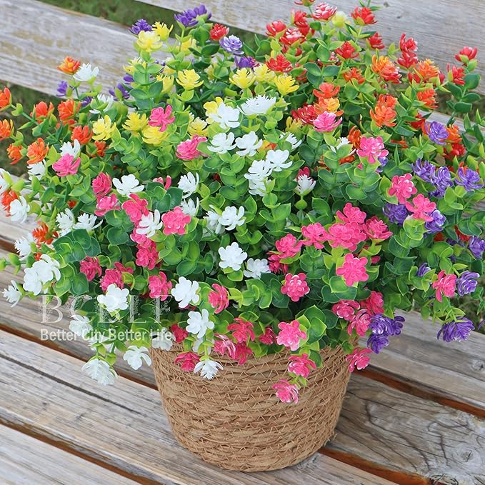 Artificial Flowers for Outdoors, 12 Bundles UV Resistant Realistic Faux Plants for Outside Porch Planter, Spring Summer Home Garden Decoration