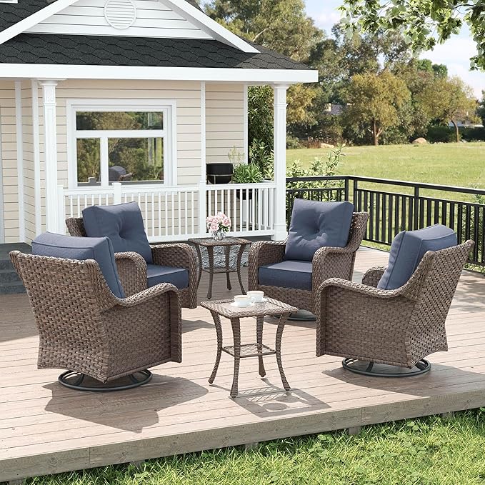 LayinSun 6 Piece Wicker Outdoor Furniture Set with 6-inch Comfy Cushions, High Back Patio Furniture Set with Swivel Rocking Chairs and Side Table