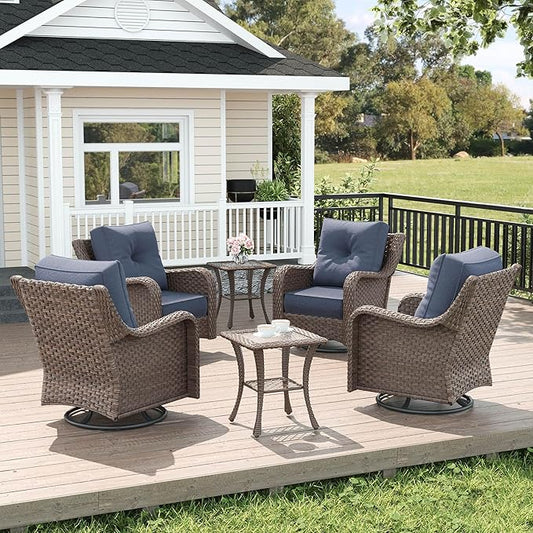 LayinSun 6 Piece Wicker Outdoor Furniture Set with 6-inch Comfy Cushions, High Back Patio Furniture Set with Swivel Rocking Chairs and Side Table