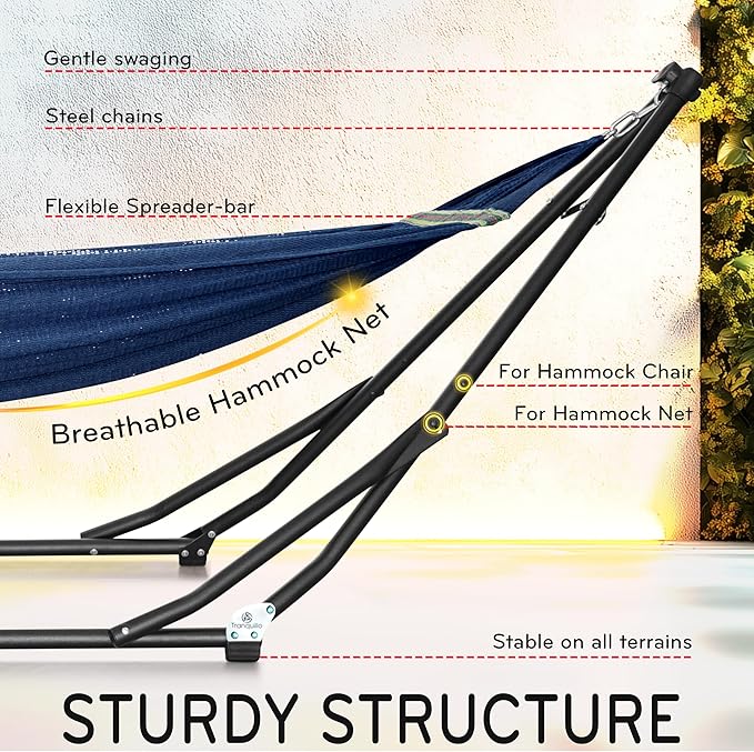 Tranquillo UniGen Hammock, Hammock with Stand Heavy Duty Indoor/Outdoor Hammock with Signature Steel Stand, 600lbs Premium Foldable, Durable 2-Layered Soft Polyester, Aegean