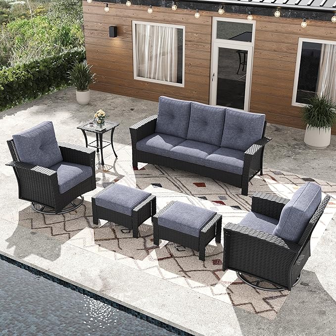 6 Pieces Outdoor Patio Furniture Set, Wicker Patio Sectional Set Conversation Wicker Swivel Chairs with Small Side Table
