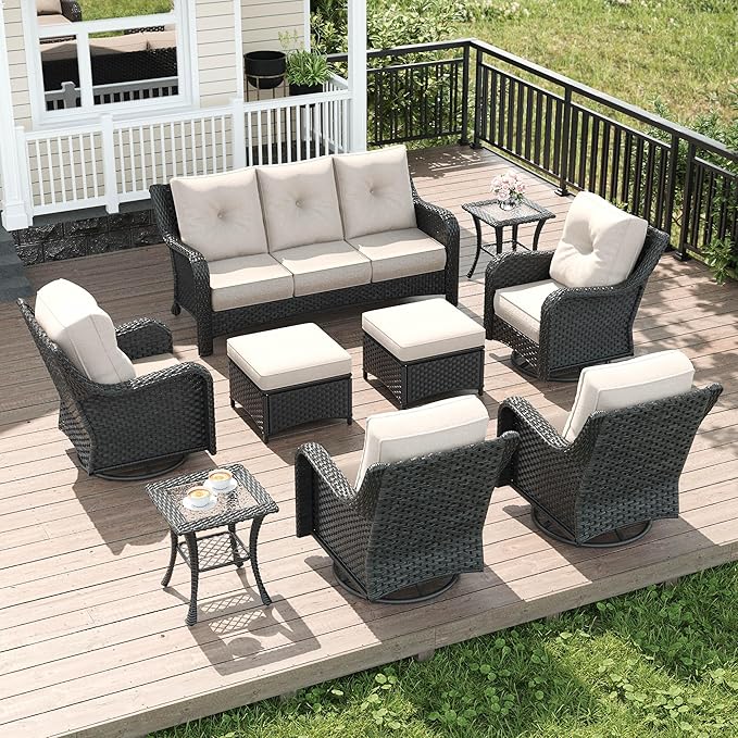 LayinSun 9 Piece Wicker Outdoor Furniture Set with 6-inch Comfy Cushions, High Back Patio Furniture Set with Swivel Rocking Chairs and Side Table
