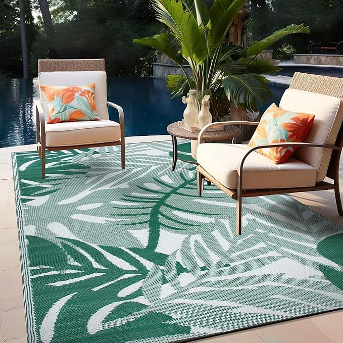 Rugshop Tropical Leaf Reversible Crease-Free Waterproof Premium Recycled Plastic Outdoor Rugs for Patio,Backyard,RV,Deck,Picnic,Trailer,Beach,Camping,Sunroom Green 5' x 7'