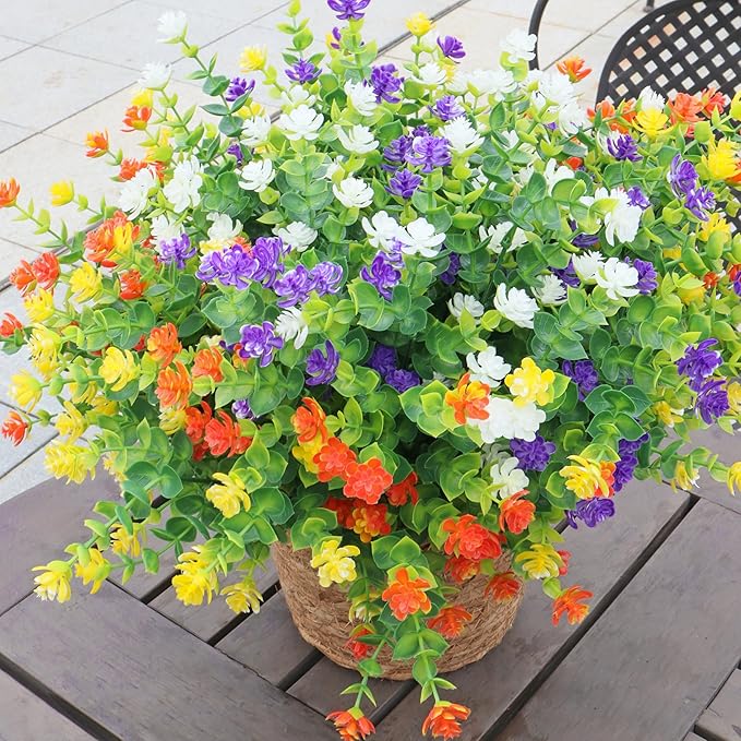 Artificial Flowers for Outdoors, 12 Bundles UV Resistant Realistic Faux Plants for Outside Porch Planter, Spring Summer Home Garden Decoration