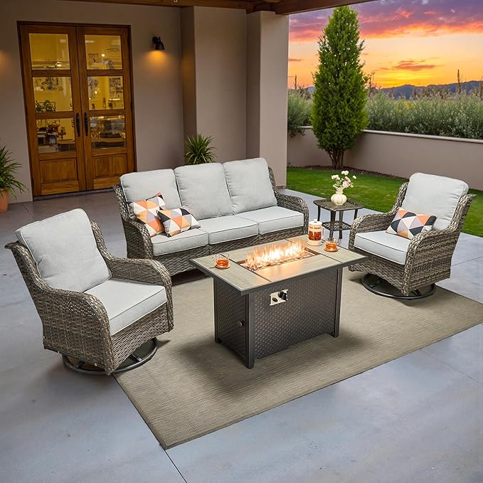 ovios 5 Pieces Patio Furniture Set, Outdoor Wicker Sofa Couch with Swivel Chairs 42" Fire Pit Table, All Weather High Back Modern Conversation Sets, Grey Rattan, Grey