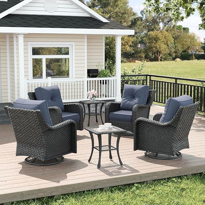 LayinSun 6 Piece Wicker Outdoor Furniture Set with 6-inch Comfy Cushions, High Back Patio Furniture Set with Swivel Rocking Chairs and Side Table