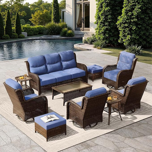 HILLGA Luxury Patio Furniture Set with 6-Inch Thick Cushions, High Back Outdoor Swivel Rocker Chairs and Patio Couch, 10-Piece All Weather Conversation Set for Porch Deck Pool Yard, Blue (V3)