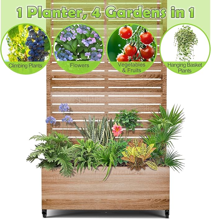 15.7"×70.9"×35.4" Metal Raised Garden Bed with Trellis and Wheels - Tall Trellis Planter Box for Climbing Plants, Vegetables & Vines - Outdoor Privacy Planters for Patio (Cut Oak Grain)
