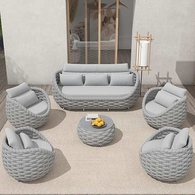 6-Piece Aluminum Patio Furniture Set, Modern Outdoor Conversation Set Sectional Sofa with Water Repellent Thick Cushions and Coffee Table for Balcony, Garden