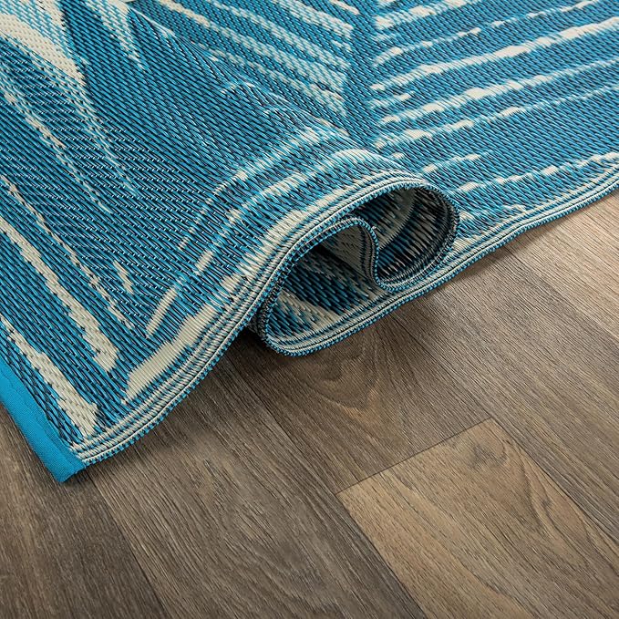 Rugshop Tropical Floral Reversible Crease-Free Waterproof Premium Recycled Plastic Outdoor Rugs for Patio,Backyard,RV,Deck,Picnic,Trailer,Beach,Camping Blue 5' x 7'