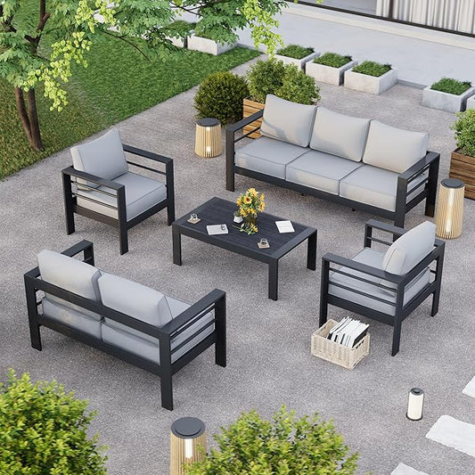Aluminum Patio Furniture Set, 8 Piece Metal Outdoor Furniture Set, Patio Set with Waterproof Covers for Backyard Garden
