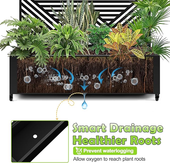 15.7"×70.9"×47.2" Metal Raised Garden Bed with Trellis and Wheels - Tall Trellis Planter Box for Climbing Plants, Vegetables & Vines - Outdoor Privacy Planters for Patio (Black-Zodiac)