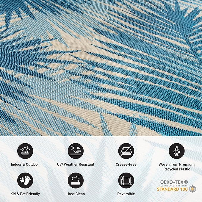 Rugshop Tropical Floral Reversible Crease-Free Waterproof Premium Recycled Plastic Outdoor Rugs for Patio,Backyard,RV,Deck,Picnic,Trailer,Beach,Camping Blue 5' x 7'
