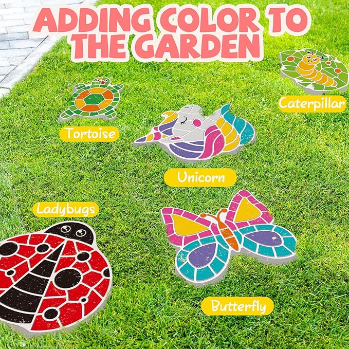Stepping Stones Painting Kit for Kids Ages 4-12 - 5 Pack Paint Your Own Garden Stones with Butterfly, Unicorn & Ladybug Designs, Outdoor Art & Craft Activity Set, Creative Summer Gift for Boys & Girls