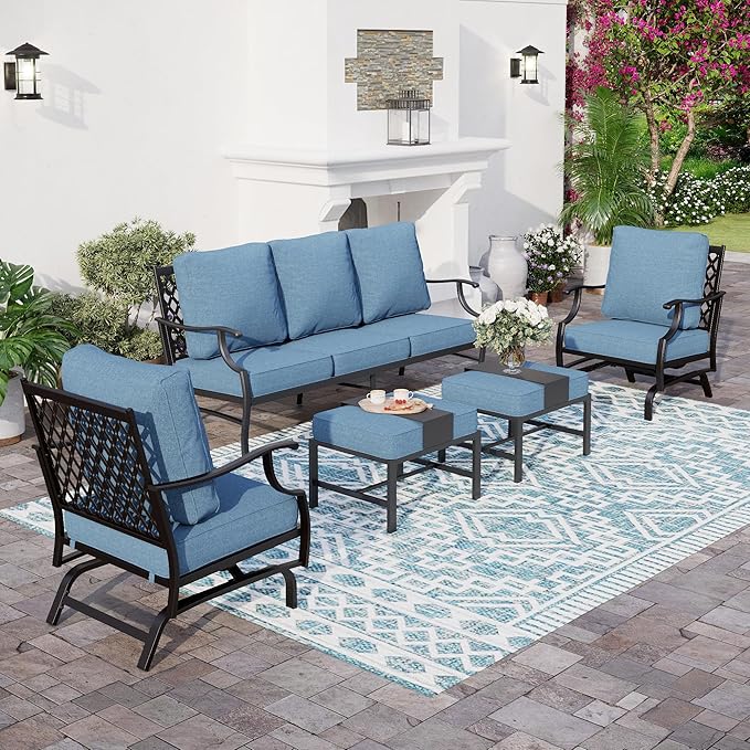 5 Piece Metal Outdoor Patio Furniture Set, Patio Conversation Sets 3-seater Sofa, 2 Rocking Chair, 2 Ottomans with 5.75" Thick Cushion, Black All-weather Frame Backyard Furniture, Navy