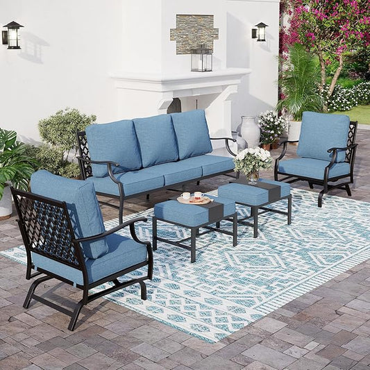 5 Piece Metal Outdoor Patio Furniture Set, Patio Conversation Sets 3-seater Sofa, 2 Rocking Chair, 2 Ottomans with 5.75" Thick Cushion, Black All-weather Frame Backyard Furniture, Navy