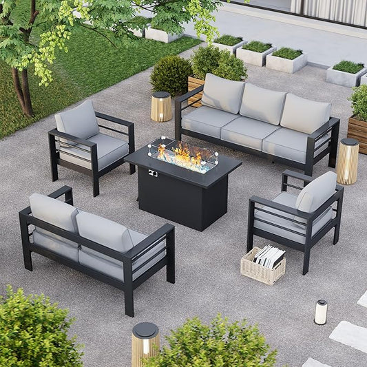 Aluminum Patio Furniture Set with Fire Pit Table, 8-Piece Metal Outdoor Furniture with Waterproof Covers for Backyard Garden (Dark Grey & Light Grey)