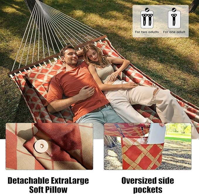 13 FT Tuscan Lattice Sienna/Taupe Quilted Hammock with Spreader Bars,Detachable Pillow and Chains,600lbs Capacity,Two Person Hammock for Outdoor, Patio, Backyard,Tree_Double Hammock
