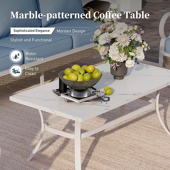 4 Piece Metal Outdoor Patio Furniture Sets, Patio Conversation Sets 1 2-seater Sofa, 2 Single Sofa with 5.75" Extra Thick Cushion and Coffee Table, White Frame Backyard Furniture, Blue