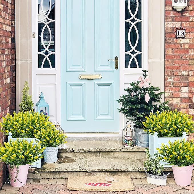 36 Bundles Artificial Plants Outdoor, 18.2" UV Resistant Faux Monkey Grass Greenery Stems No Fade Faux Plastic Flowers Shrubs for Home Weddings Garden Porch Front Patio Office Decor - Yellow