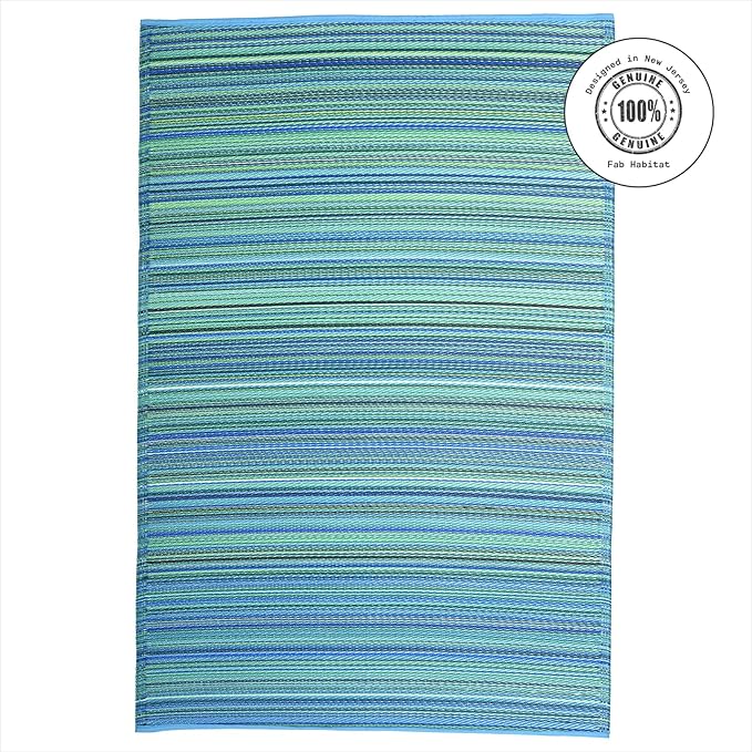 Fab Habitat Outdoor Rug - Waterproof, Fade Resistant, Crease-Free - Premium Recycled Plastic - Striped - Patio, Deck, Porch, Balcony, Laundry Room - Cancun - Turquoise & Moss Green - 4 x 6 ft